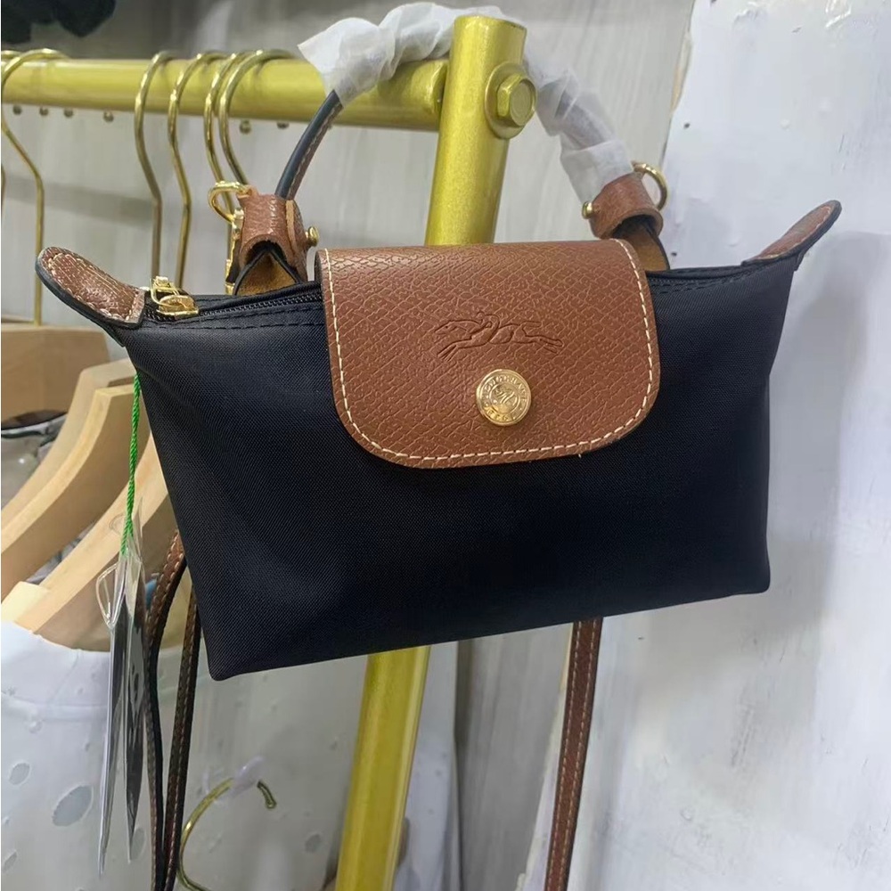 Longchamp Black Crossbody with Brown Leather Flap